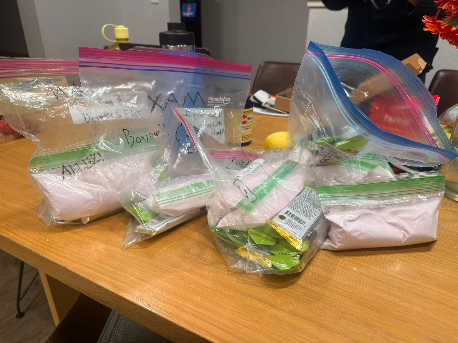 Race supplies packed into labeled bags